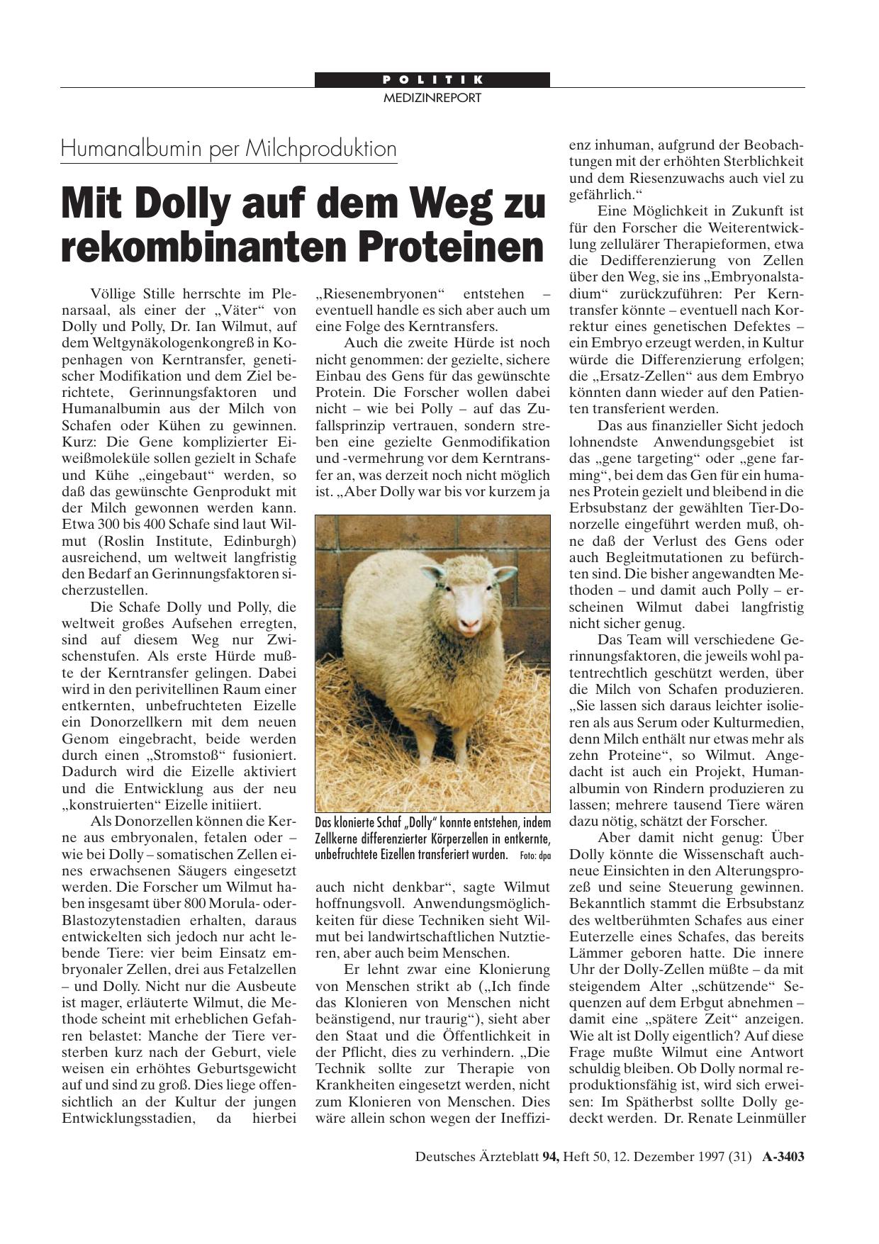 Vorschauseite 1: Humanalbumin per Milchproduktion: Mit Dolly auf dem Weg zu rekombinanten Proteinen