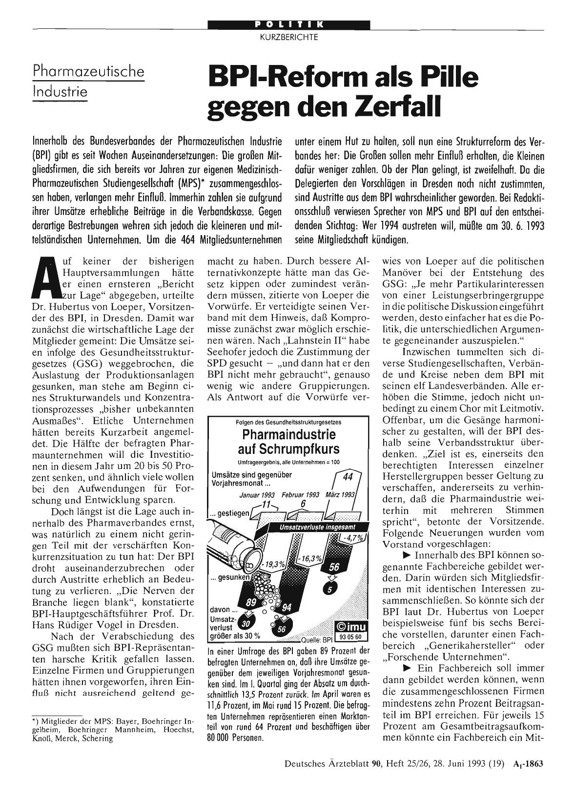 Vorschauseite 1: Pharmazeutische Industrie: BPI-Reform als Pille gegen den Zerfall