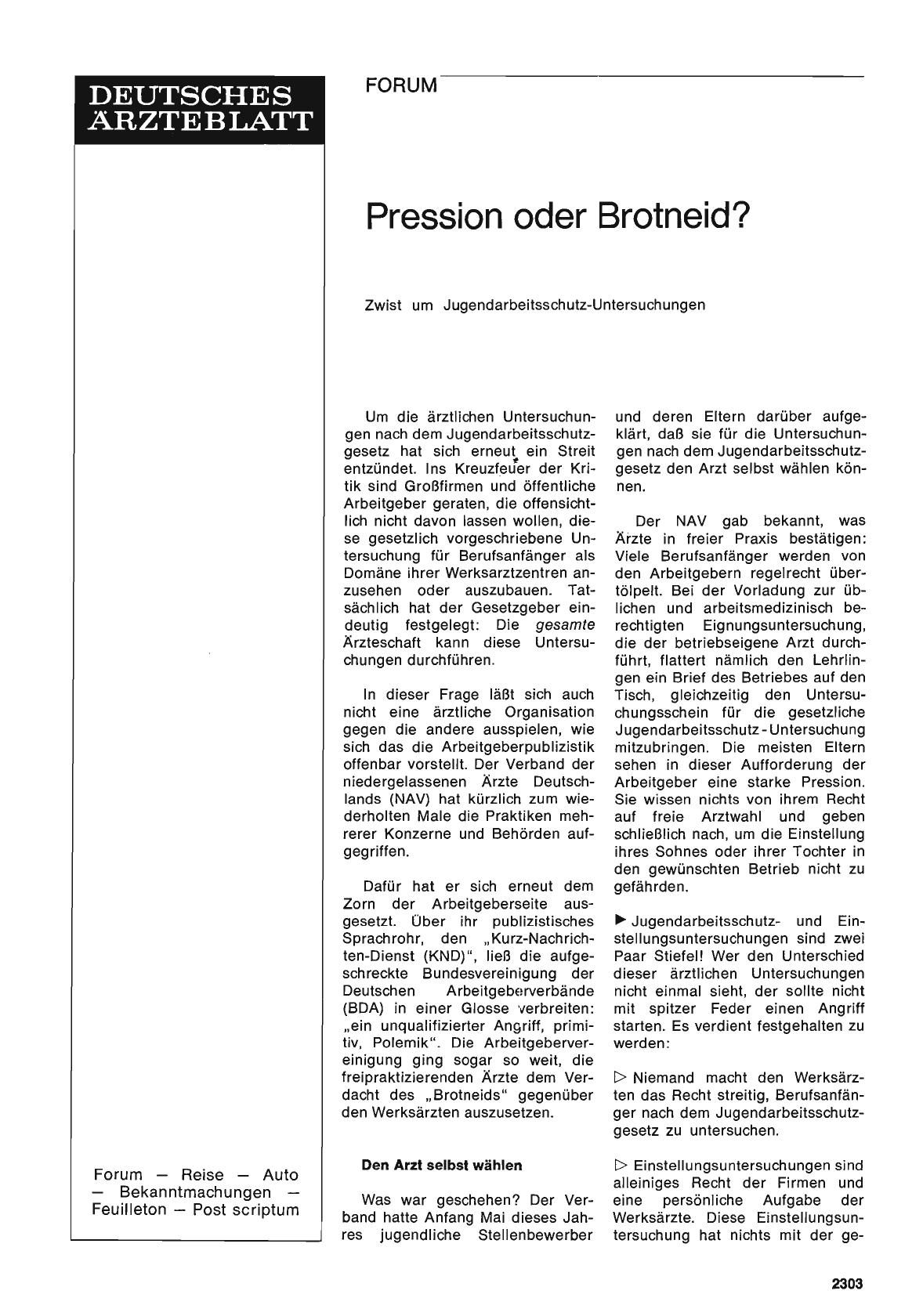 Vorschauseite 1: Pression oder Brotneid?