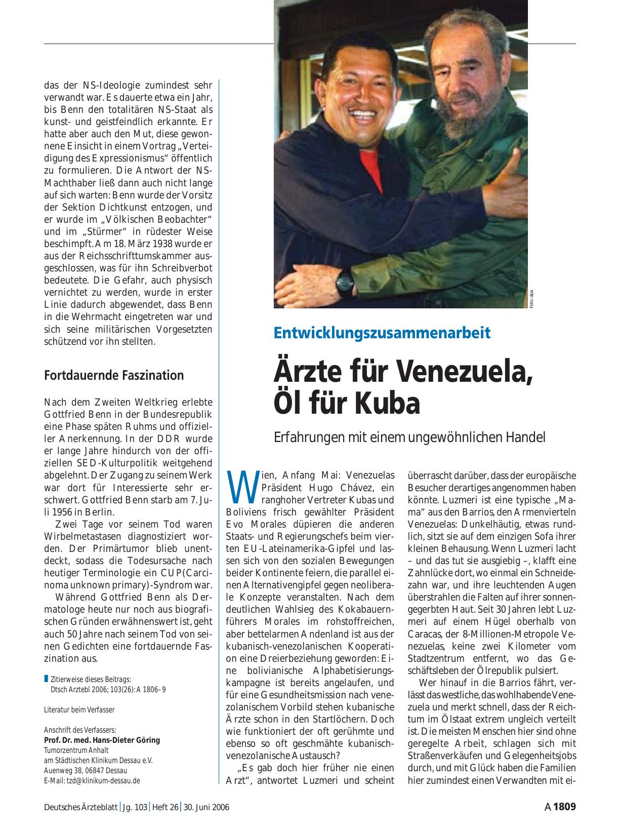 Vorschauseite 1: Entwicklungszusammenarbeit: Ärzte für Venezuela, Öl für Kuba