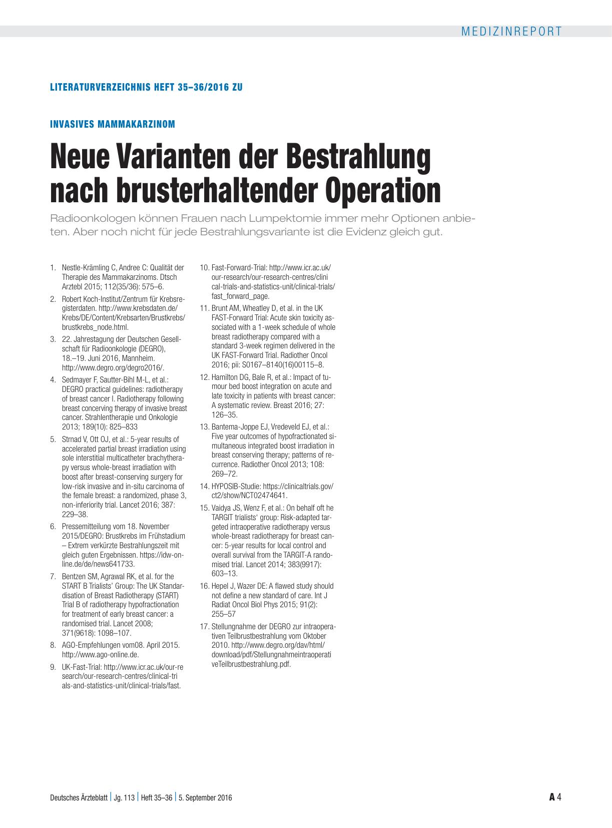 Vorschauseite 4: Invasives Mammakarzinom: Neue Varianten der Bestrahlung nach brusterhaltender Operation