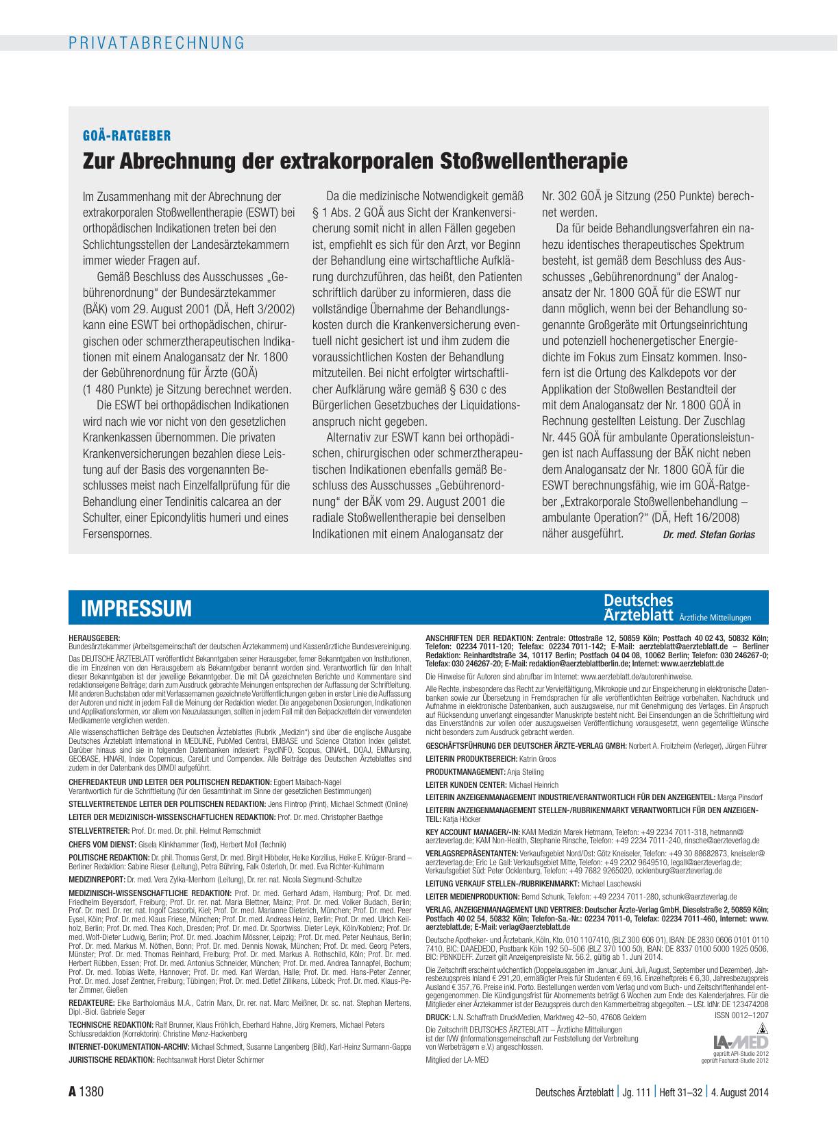 Vorschauseite 1: GOÄ-Ratgeber: Zur Abrechnung der extrakorporalen Stoßwellentherapie