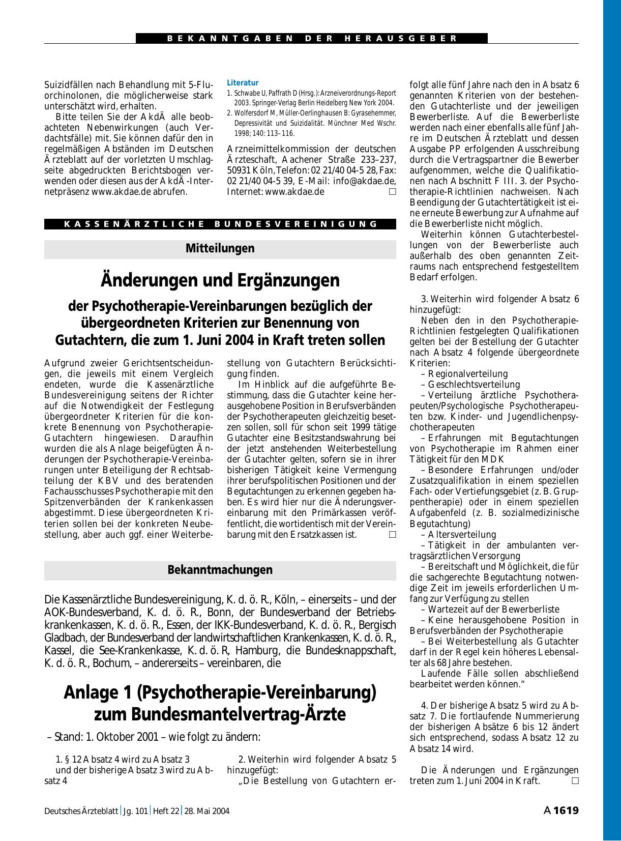 Vorschauseite 1: Bekanntmachungen: Anlage 1 (Psychotherapie-Vereinbarung) zum Bundesmantelvertrag-Ärzte