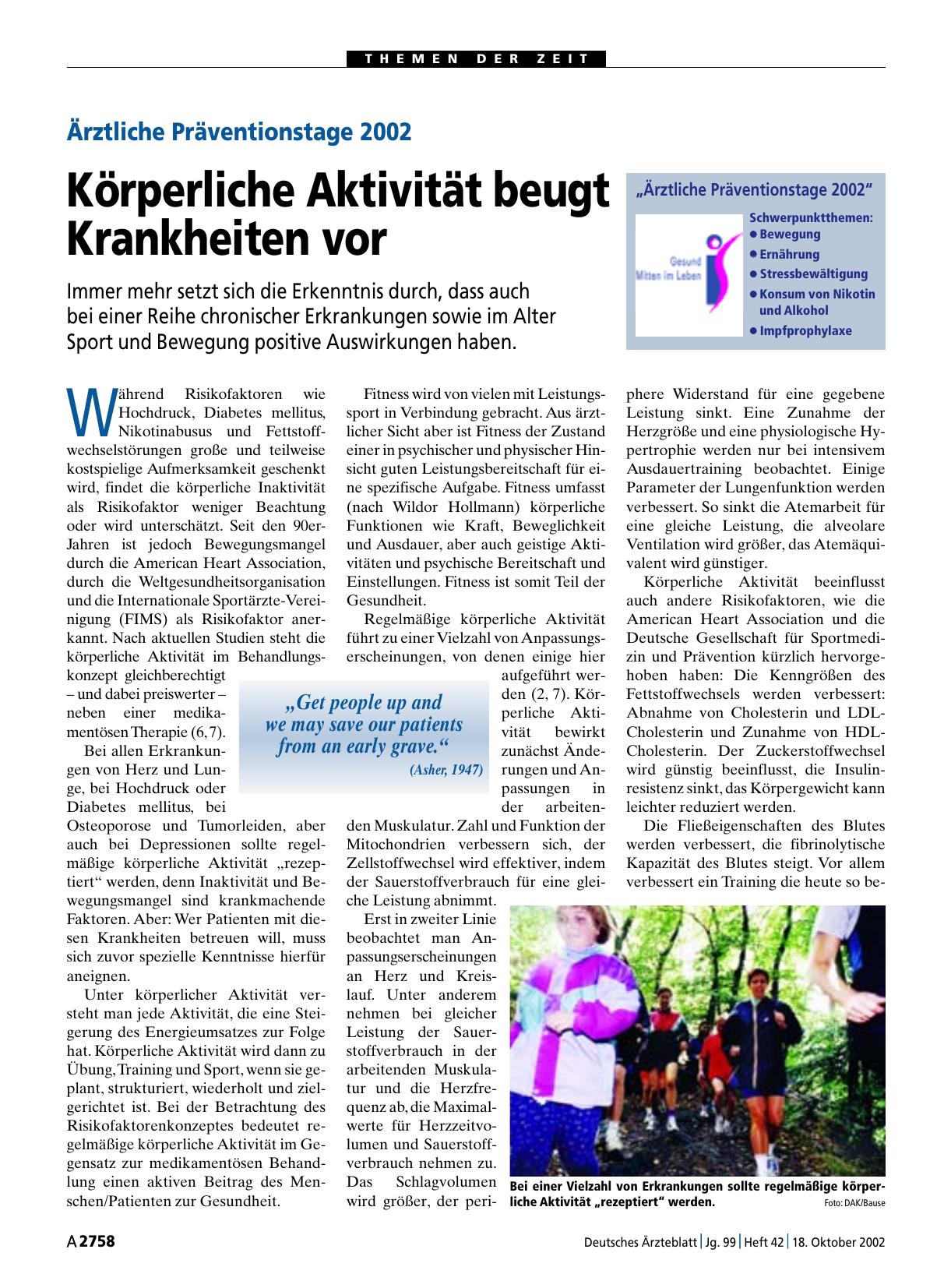 Vorschauseite 1: Ärztliche Präventionstage 2002: Körperliche Aktivität beugt Krankheiten vor