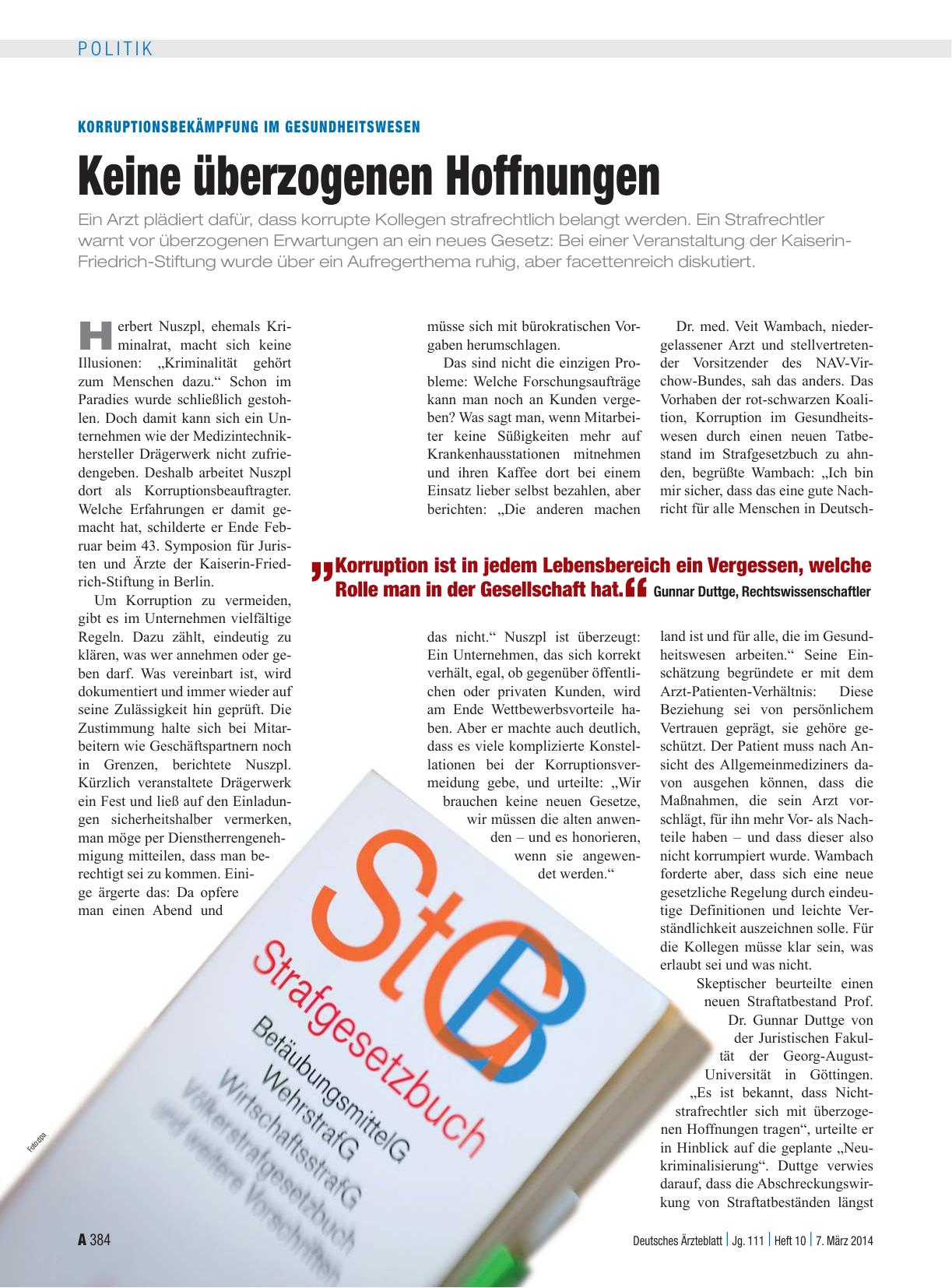 Vorschauseite 1: Korruptionsbekämpfung im Gesundheitswesen: Keine überzogenen Hoffnungen