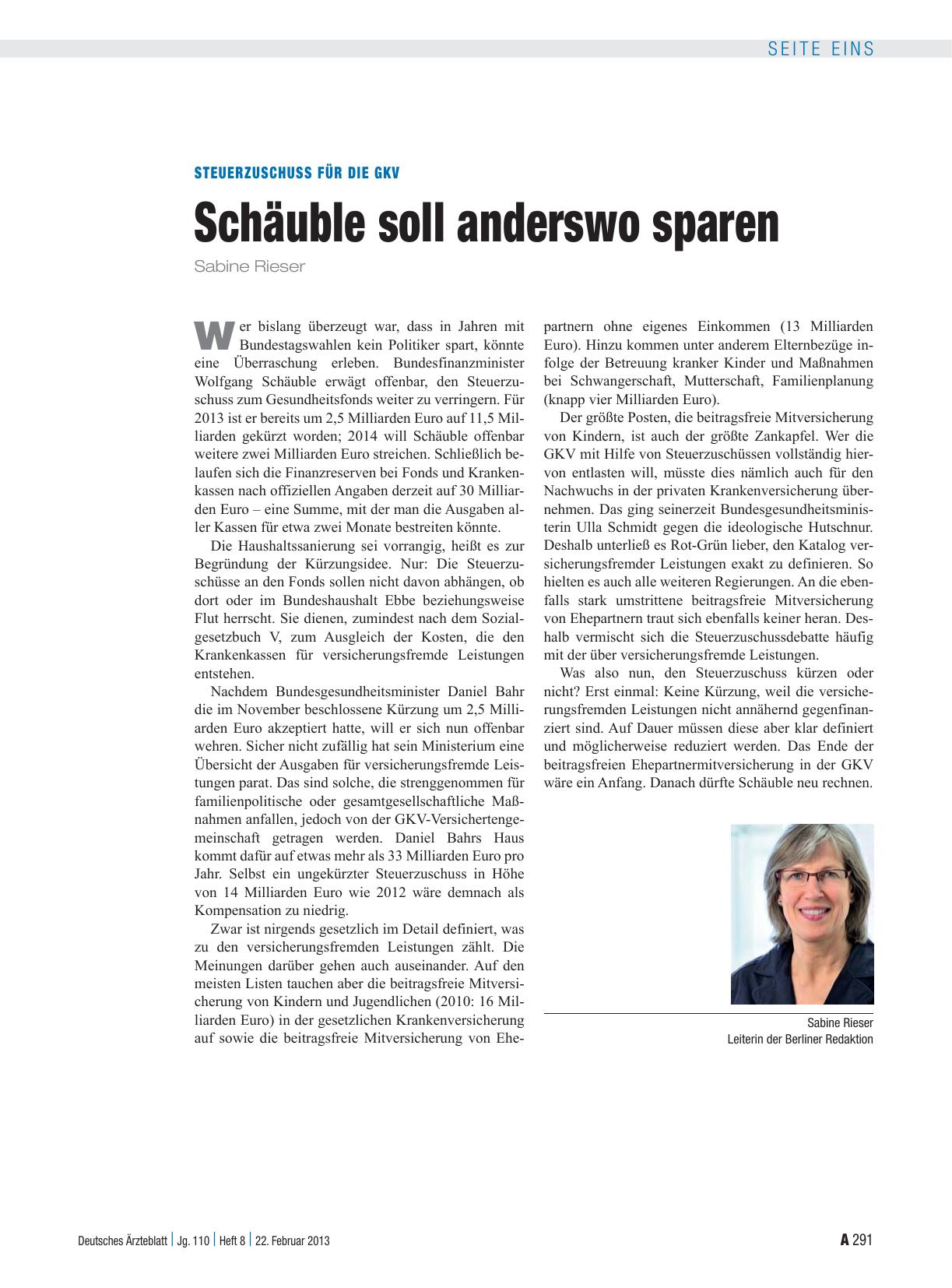 Vorschauseite 1: Steuerzuschuss für die GKV: Schäuble soll anderswo sparen