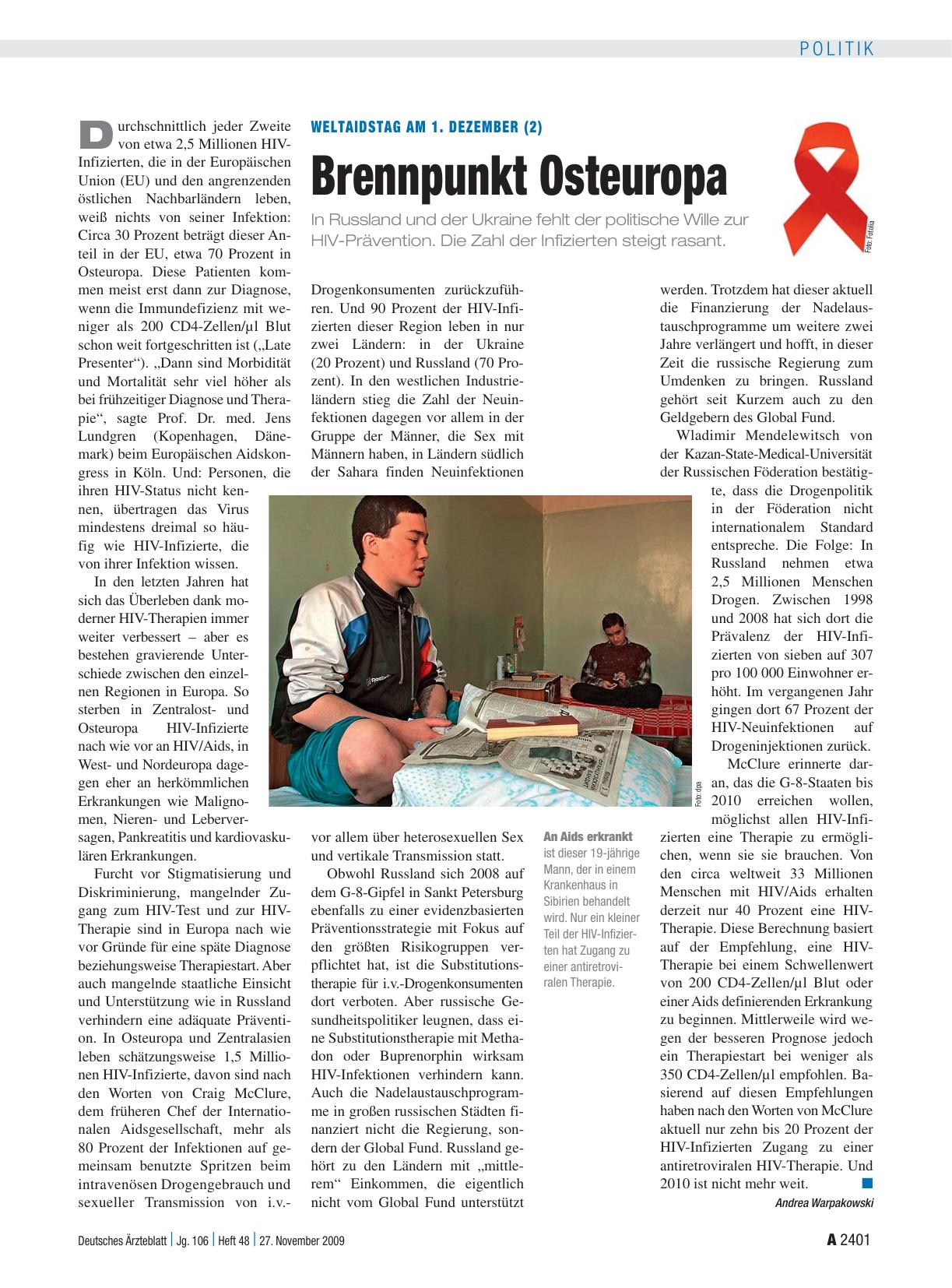 Vorschauseite 1: WeltAidsTag am 1. Dezember (2): Brennpunkt Osteuropa