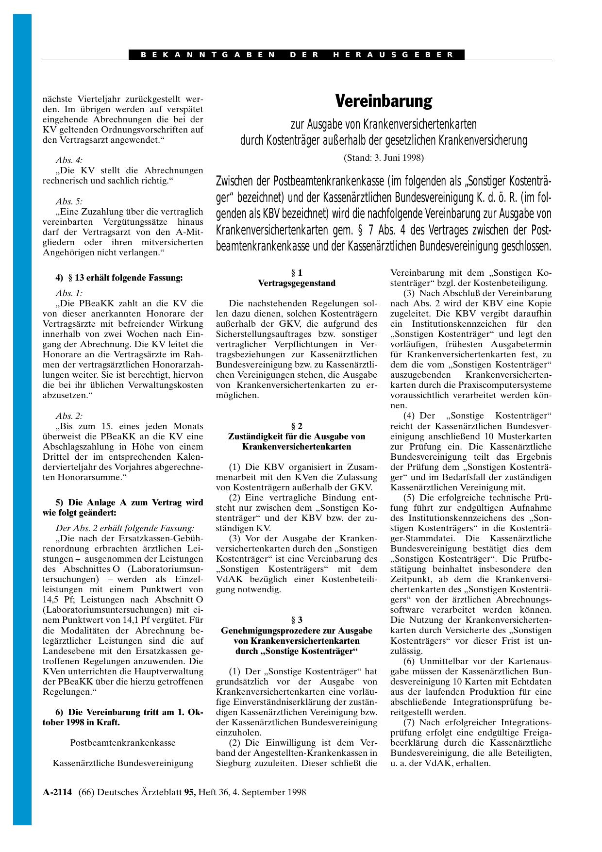Vorschauseite 1: Vereinbarung zur Ausgabe von Krankenversichertenkarten durch Kostenträger außerhalb der gesetzlichen Krankenversicherung (Stand: 3. Juni 1998)