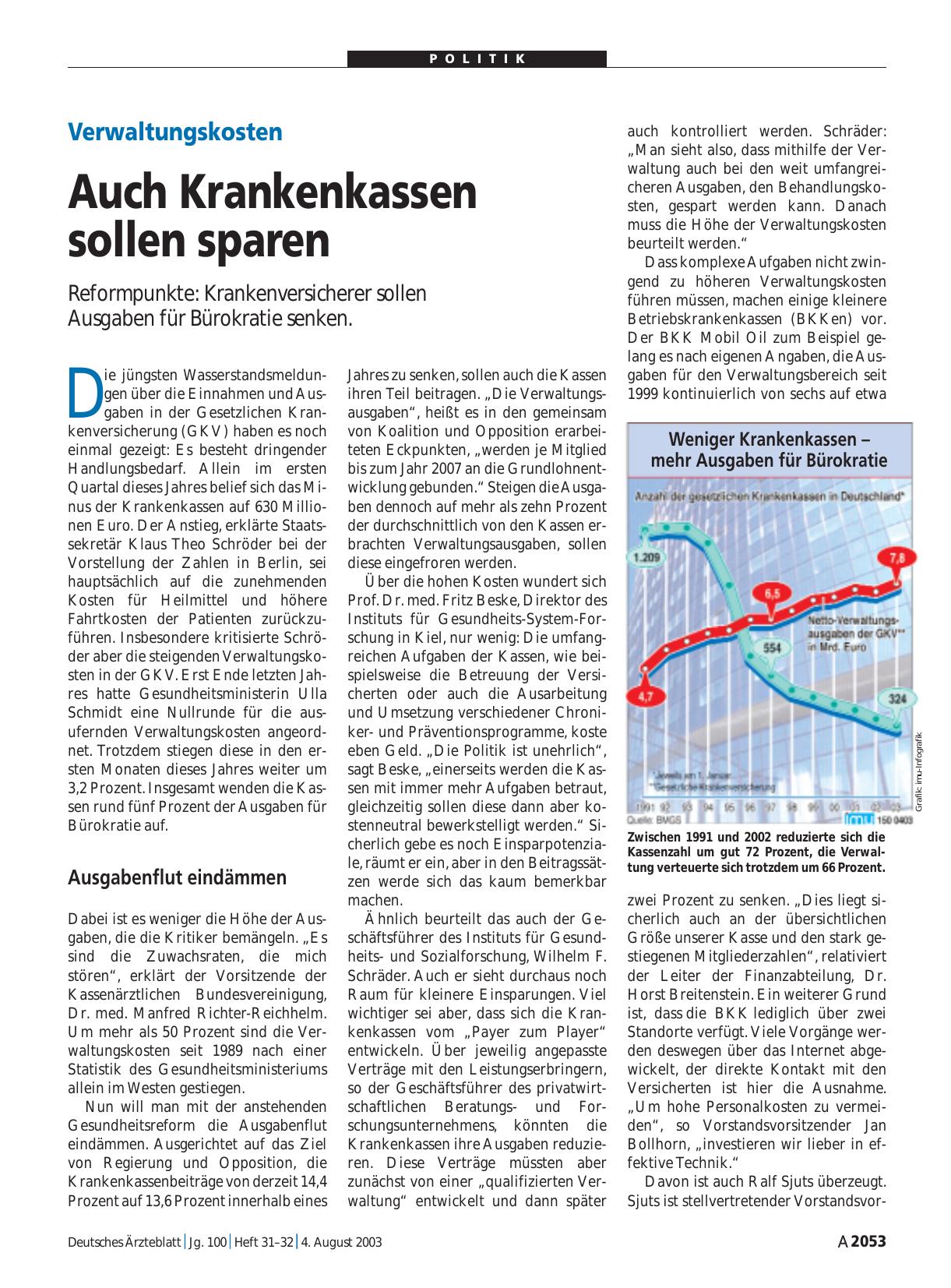Vorschauseite 1: Verwaltungskosten: Auch Krankenkassen sollen sparen