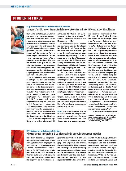Vorschauseite 1: Organtransplantation bei Menschen mit HIV-Infektion: Langzeitfunktion von Transplantaten vergleichbar mit der HIV-negativer Empfänger