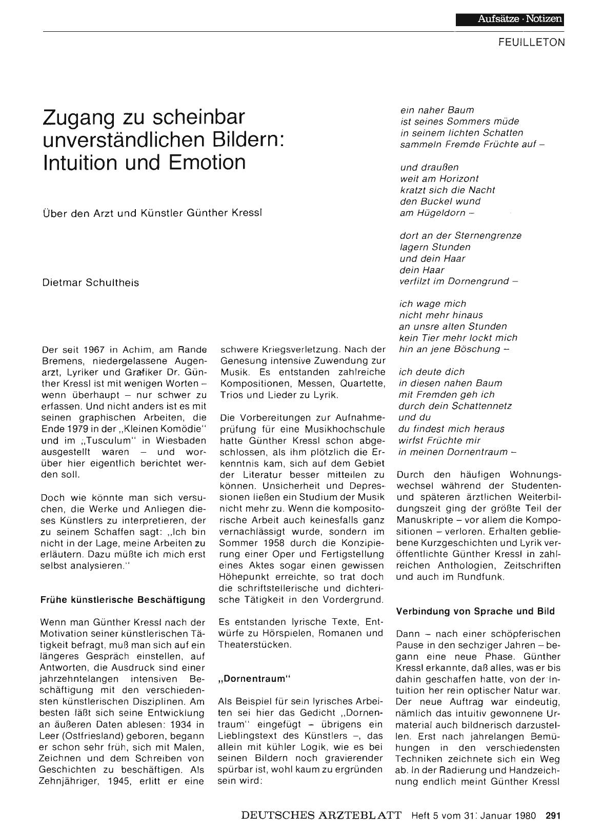 Vorschauseite 1: Zugang zu scheinbar unverständlichen Bildern: Intuition und Emotion: Über den Arzt und Künstler Günther Kressl