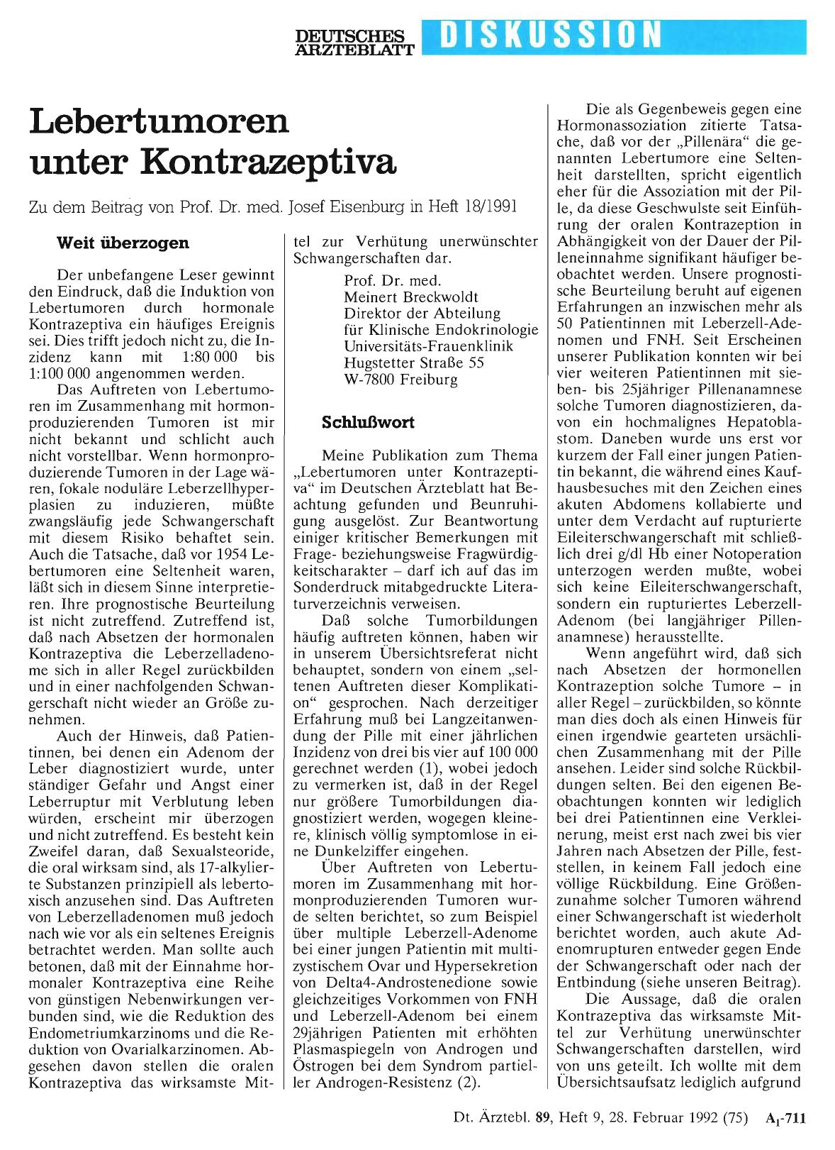 Vorschauseite 1: Lebertumoren unter Kontrazeptiva: Schlußwort