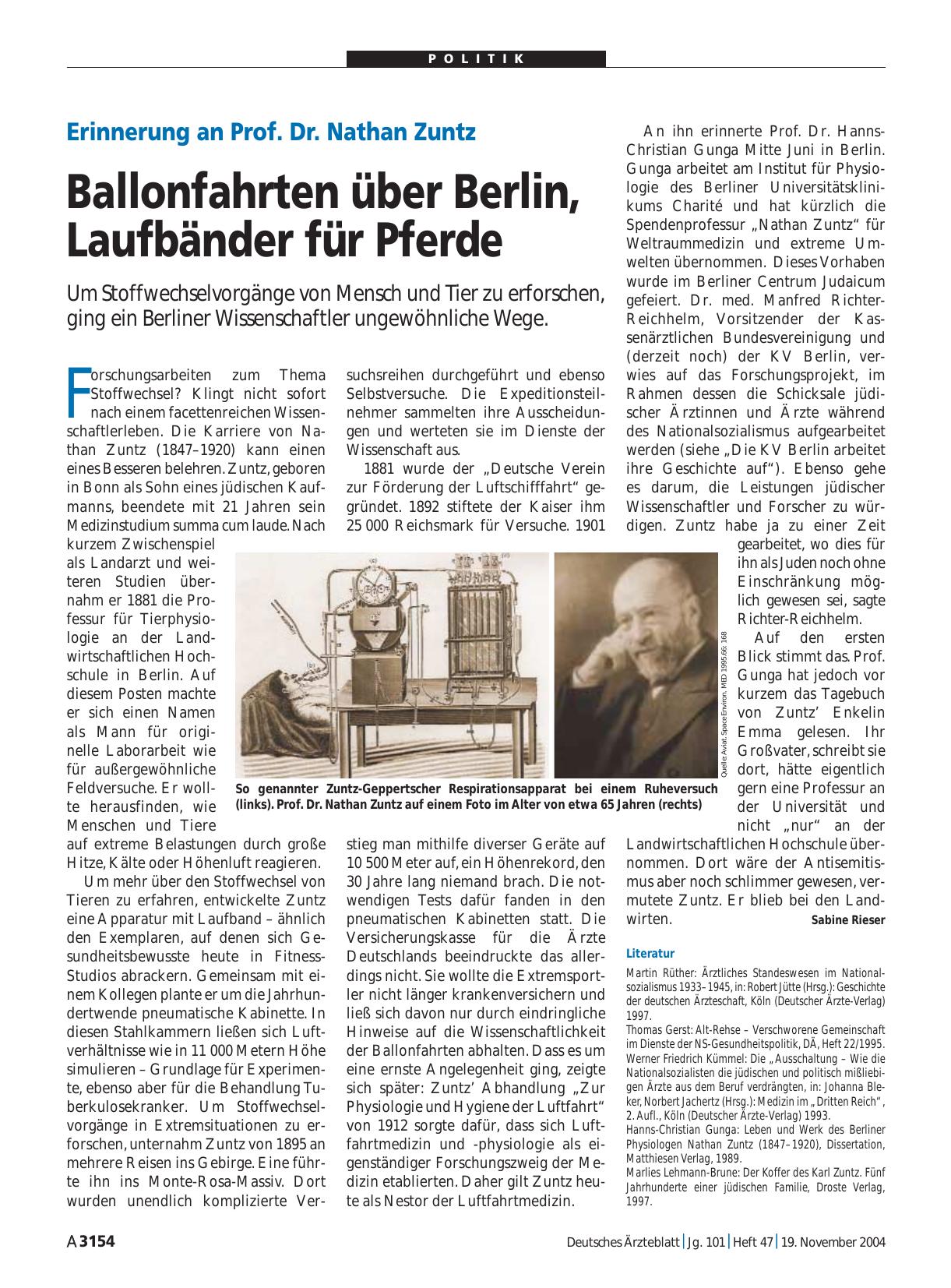 Vorschauseite 1: Erinnerung an Prof. Dr. Nathan Zuntz: Ballonfahrten über Berlin, Laufbänder für Pferde