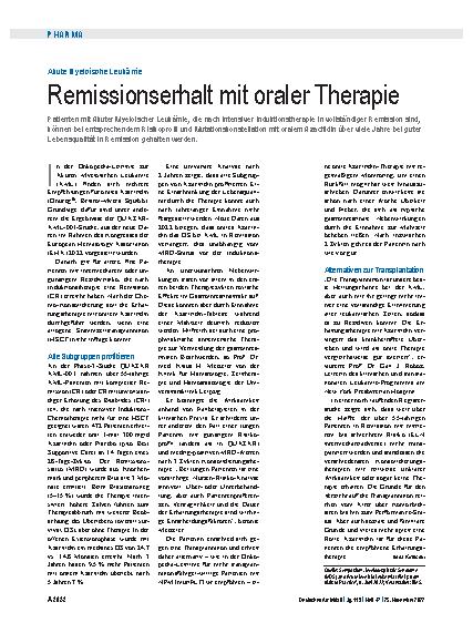 Vorschauseite 1: Akute Myeloische Leukämie: Remissionserhalt mit oraler Therapie
