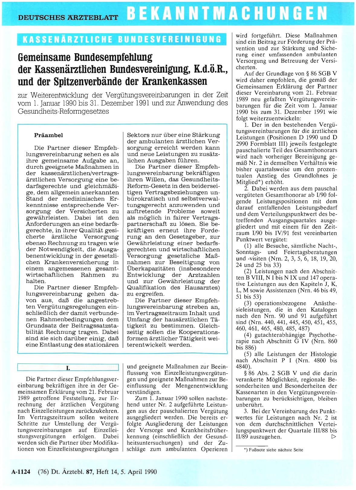 Vorschauseite 1: Gemeinsame Bundesempfehlung der Kassenärztlichen Bundesvereinigung, K. d. ö. R. , und der Spitzenverbände der Krankenkassen