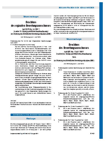 Vorschauseite 1: Beschluss des Bewertungsausschusses nach § 87 Abs. 1 Satz 1 SGB V in seiner 565. Sitzung (schriftliche Beschlussfassung) zur Änderung des Einheitlichen Bewertungsmaßstabes (EBM)