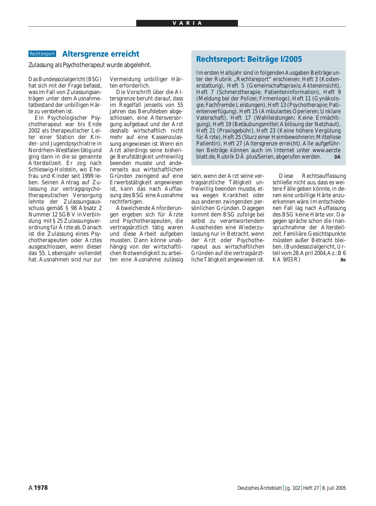 Vorschauseite 1: Rechtsreport: Beiträge I/2005