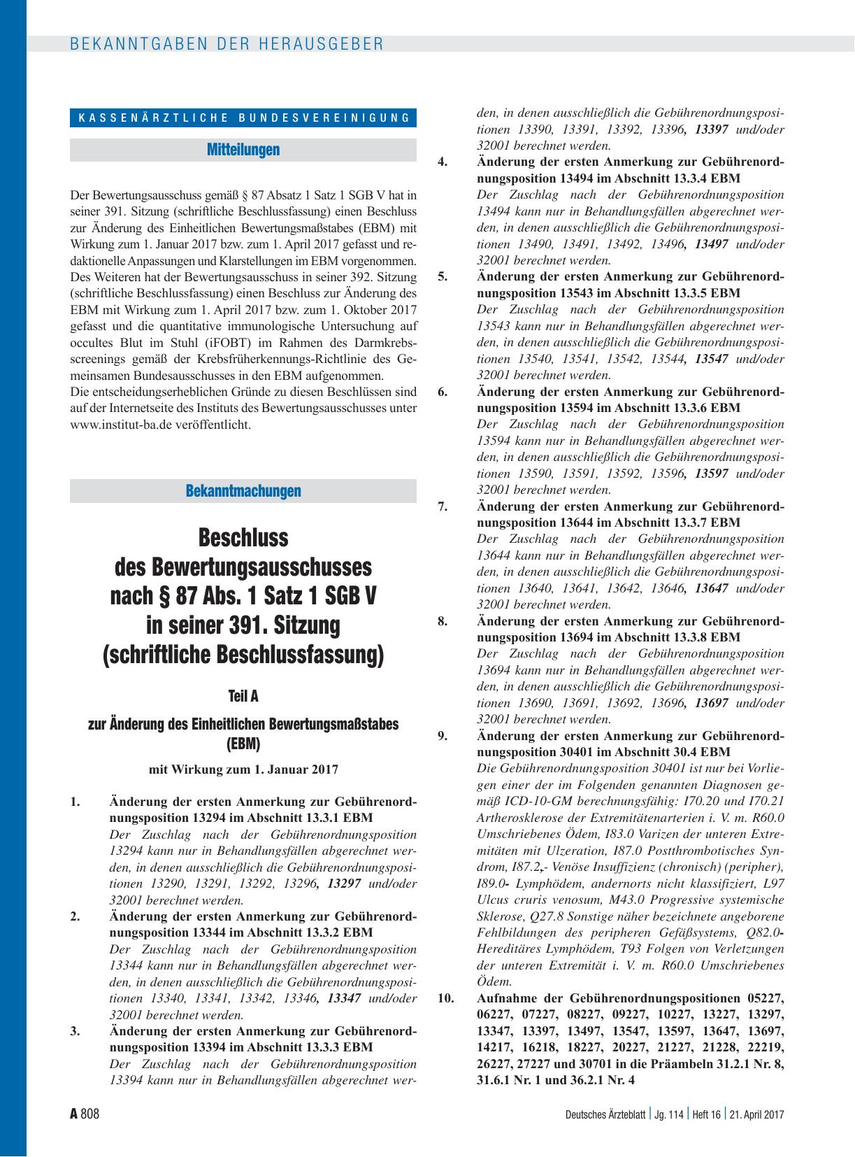 Vorschauseite 1: Beschluss des Bewertungsausschusses nach § 87 Abs. 1 Satz 1 SGB V in seiner 391. Sitzung (schriftliche Beschlussfassung), Teil A und Teil B sowie Beschluss des Bewertungsausschuss…