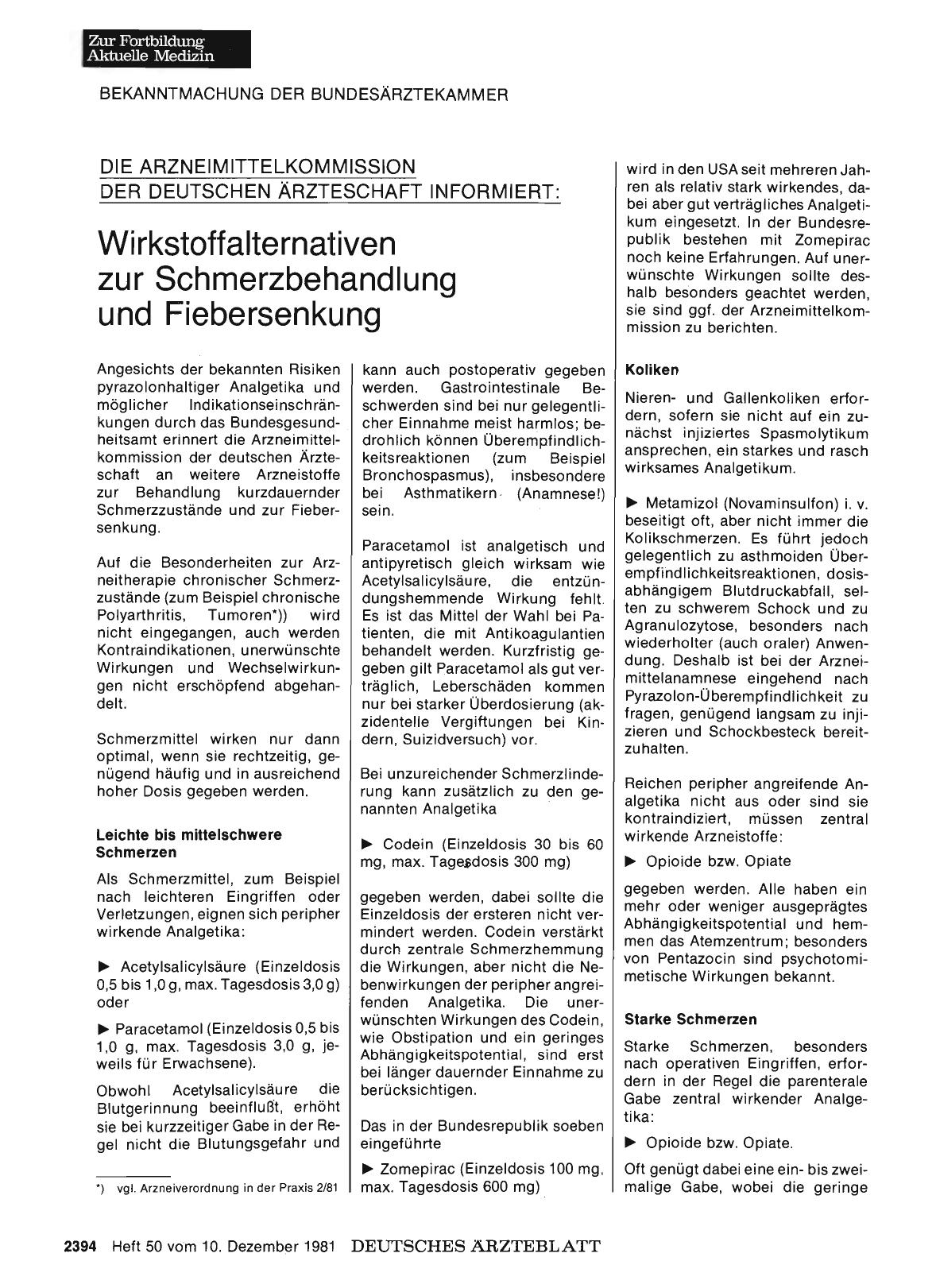 Vorschauseite 1: DIE ARZNEIMITTELKOMMISSION DER DEUTSCHEN ÄRZTESCHAFT INFORMIERT: Wirkstoffalternativen zur Schmerzbehandlung und Fiebersenkung