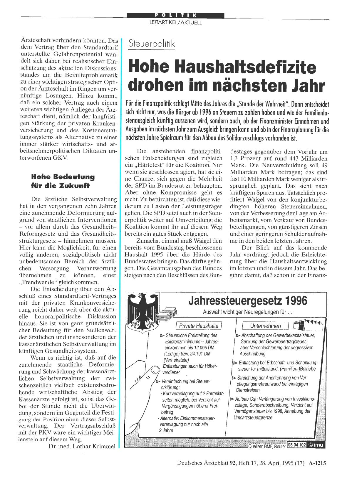 Vorschauseite 1: Steuerpolitk: Hohe Haushaltsdefizite drohen im nächsten Jahr