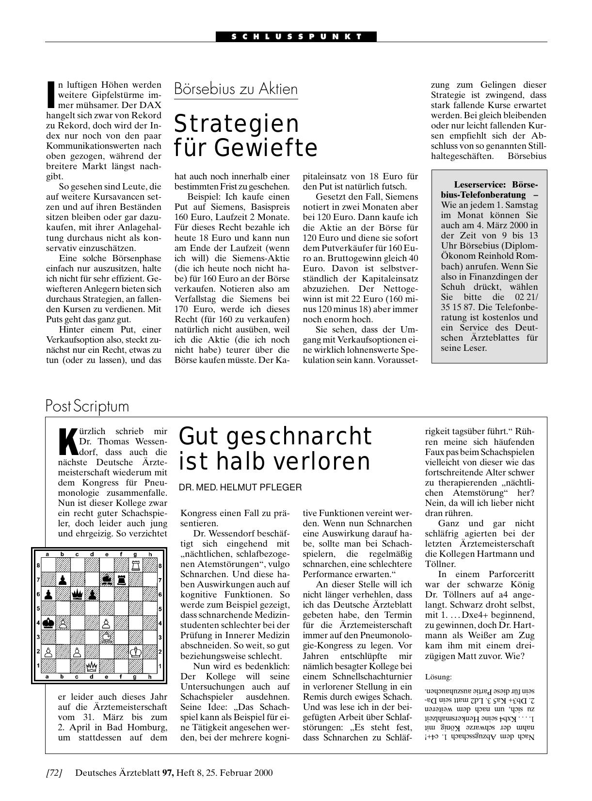 Vorschauseite 1: Leserservice: Börsebius-Telefonberatung