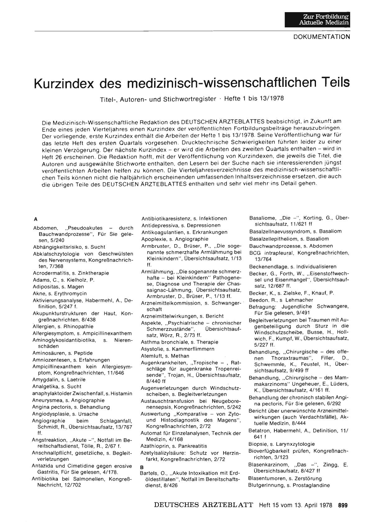 Vorschauseite 1: Kurzindex des medizinisch-wissenschaftlichen Teils: Titel -, Autoren - und Stichwortregister • Hefte 1 bis 13/1978