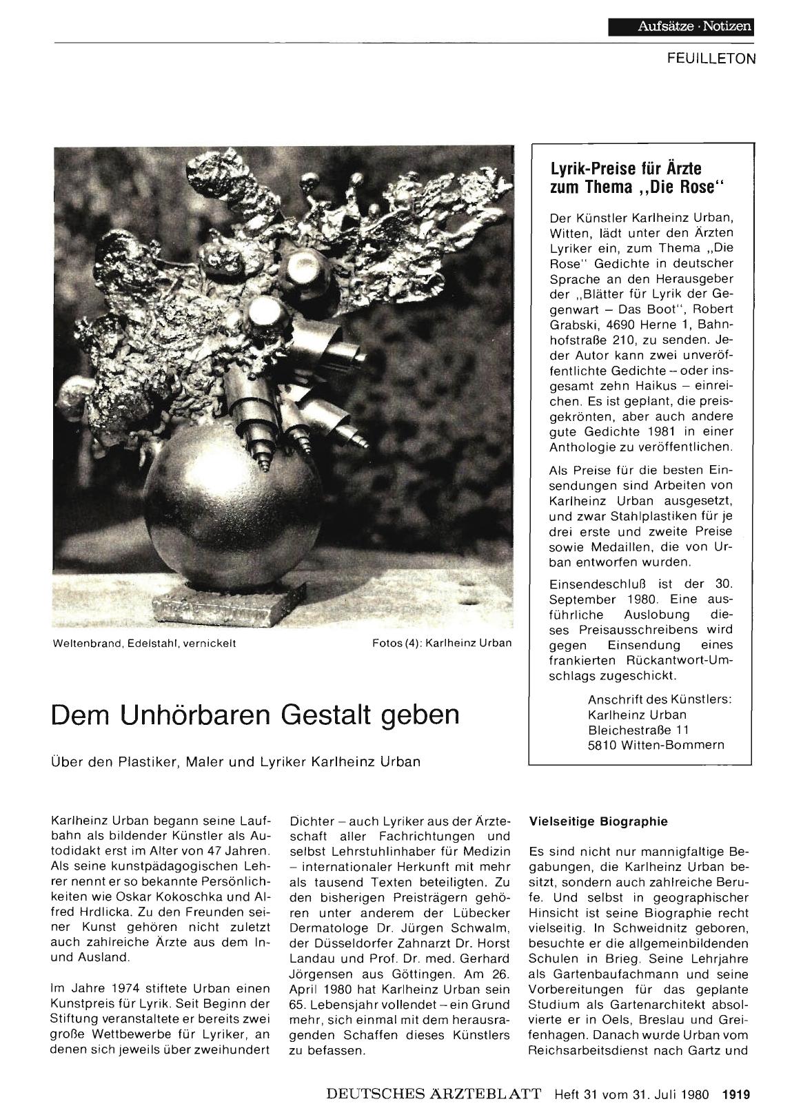 Vorschauseite 1: Dem Unhörbaren Gestalt geben: Über den Plastiker, Maler und Lyriker Karlheinz Urban