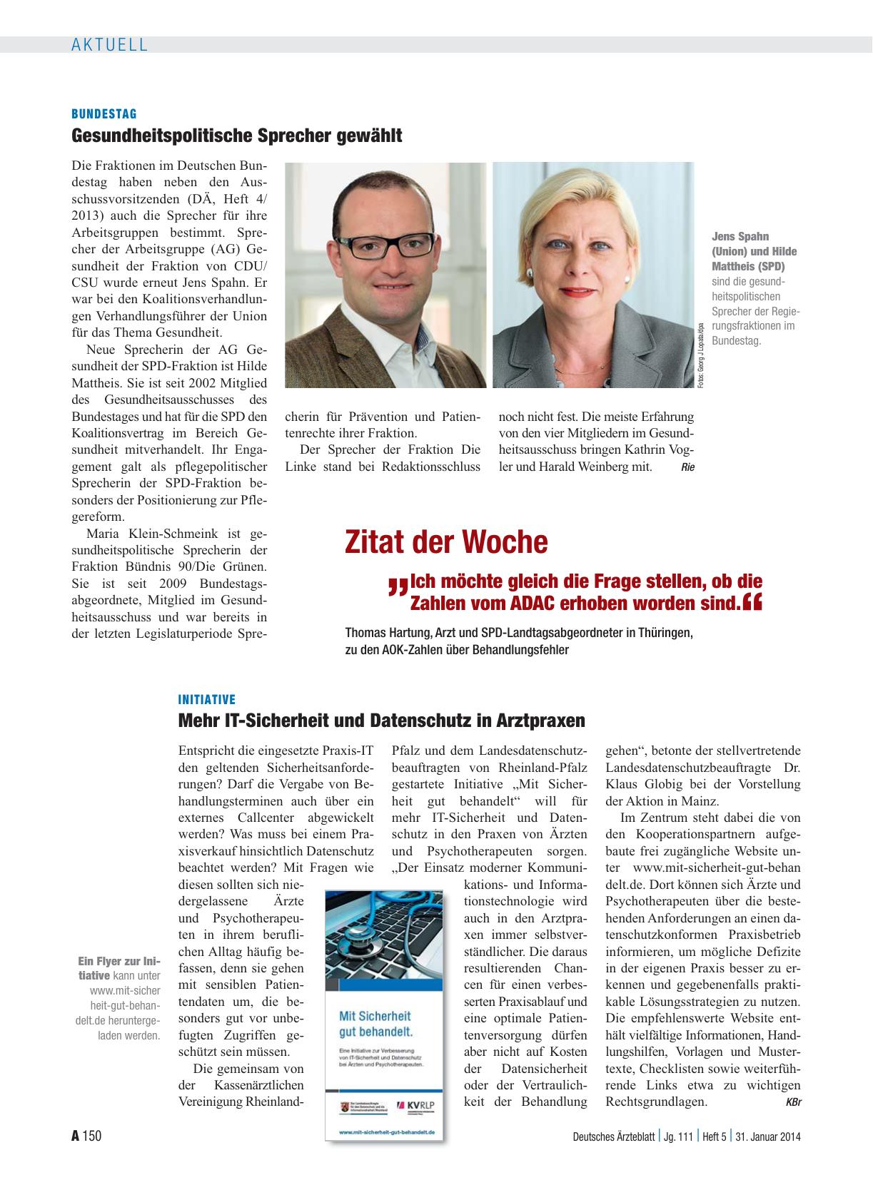 Vorschauseite 1: Bundestag: Gesundheitspolitische Sprecher gewählt