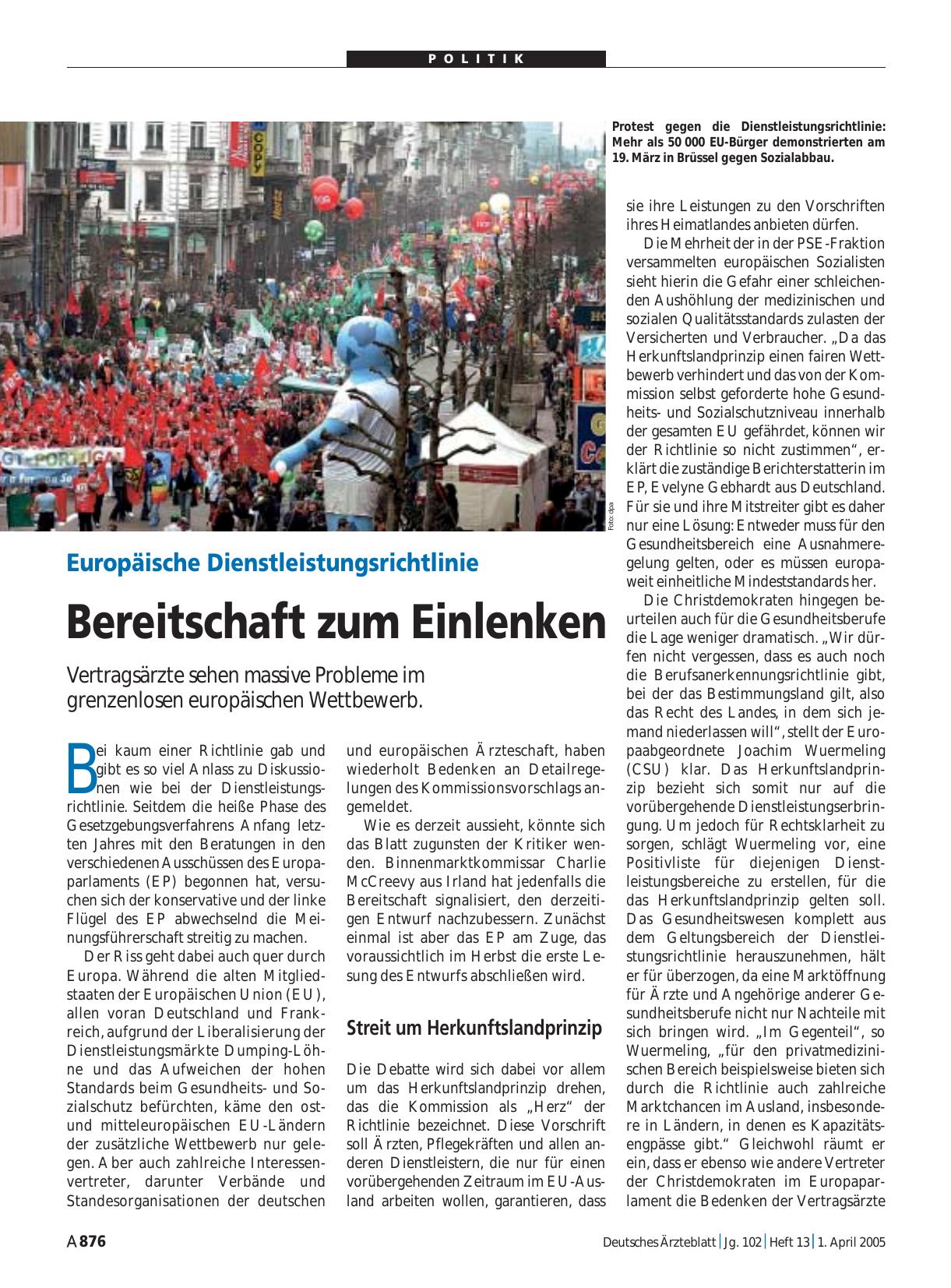 Vorschauseite 1: Europäische Dienstleistungsrichtlinie: Bereitschaft zum Einlenken