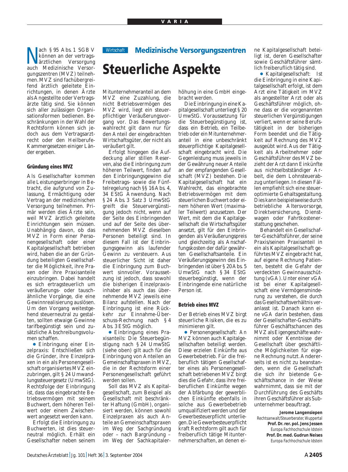 Vorschauseite 1: Medizinische Versorgungszentren: Steuerliche Aspekte