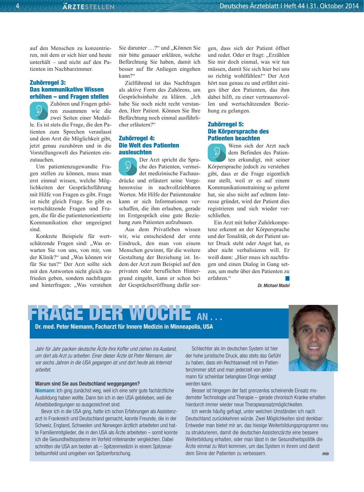 Vorschauseite 1: Frage der Woche an. .. Dr. med. Peter Niemann, Facharzt für Innere Medizin in Minneapolis, USA