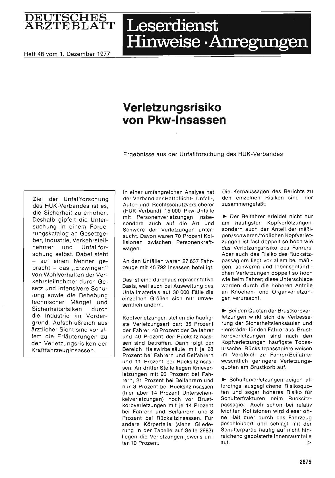 Vorschauseite 1: Verletzungsrisiko von Pkw-lnsassen: Ergebnisse aus der Unfallforschung des HUK-Verbandes