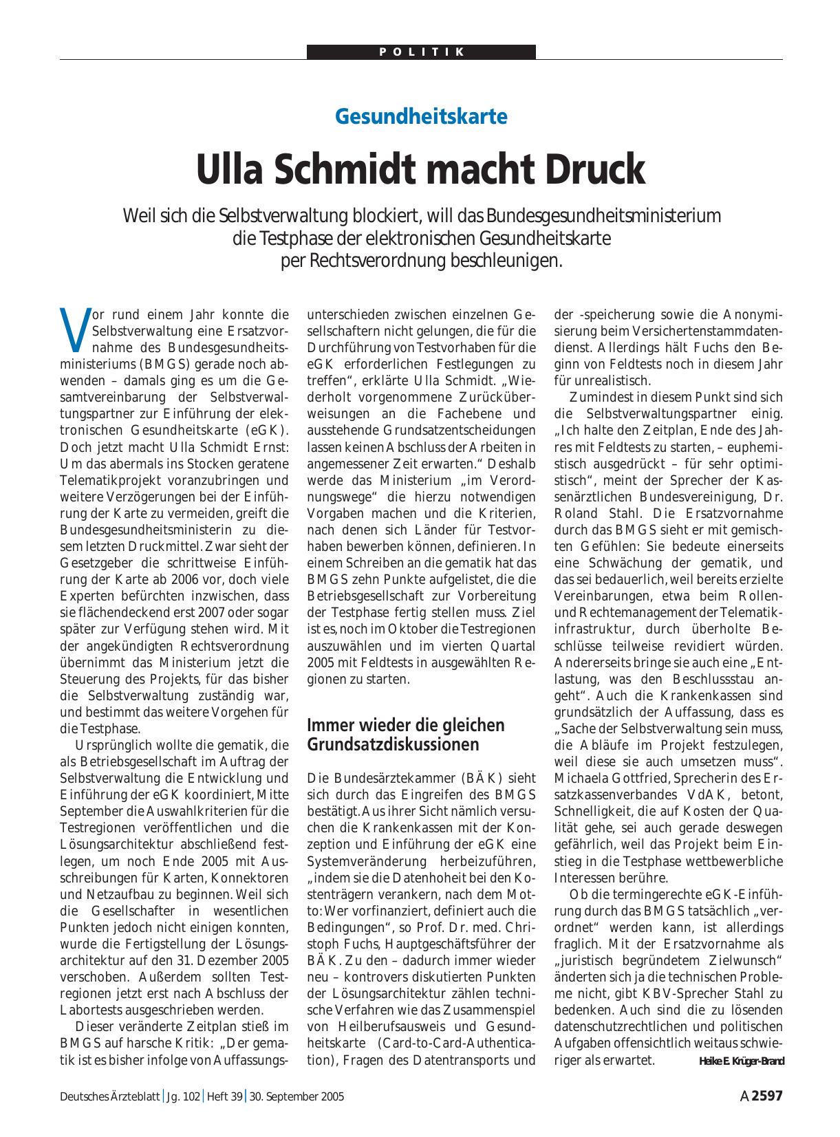 Vorschauseite 1: Gesundheitskarte: Ulla Schmidt macht Druck