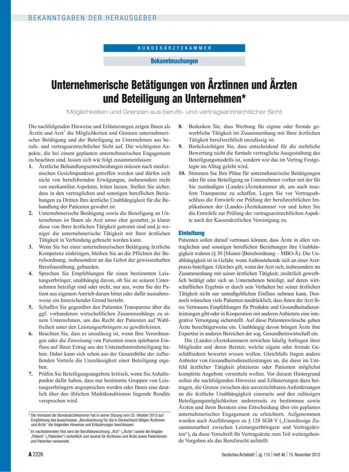 Vorschauseite 1: Unternehmerische Betätigungen von Ärztinnen und Ärzten und Beteiligung an Unternehmen*