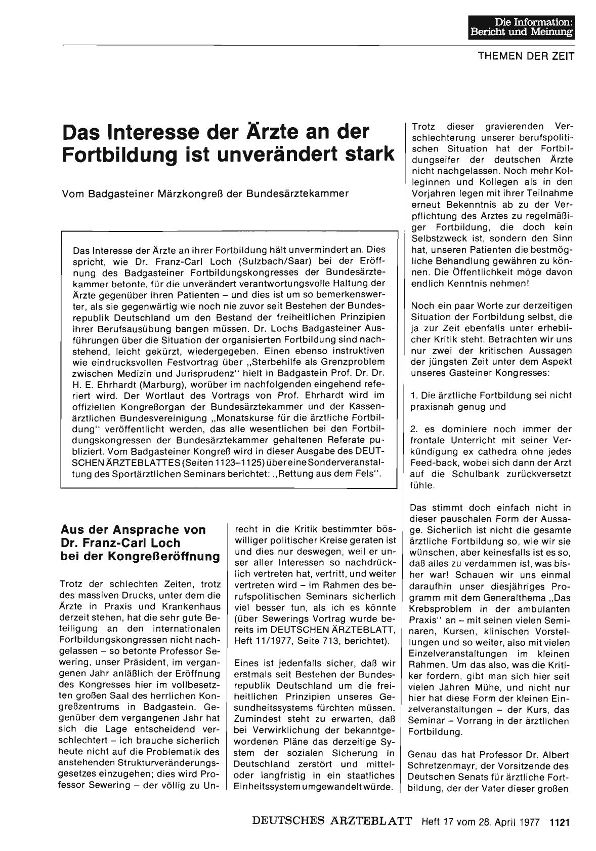 Vorschauseite 1: Das Interesse der Ärzte an der Fortbildung ist unverändert stark: Vom Badgasteiner Märzkongreß der Bundesärztekammer