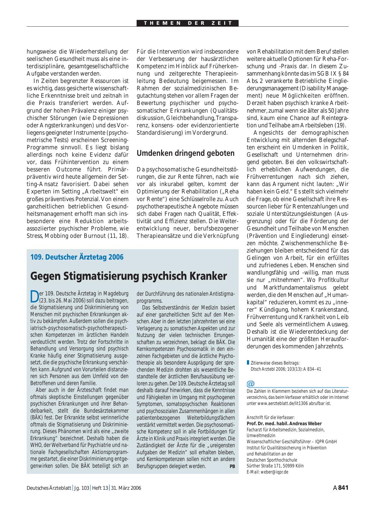 Vorschauseite 1: 109. Deutscher Ärztetag 2006: Gegen Stigmatisierung psychisch Kranker