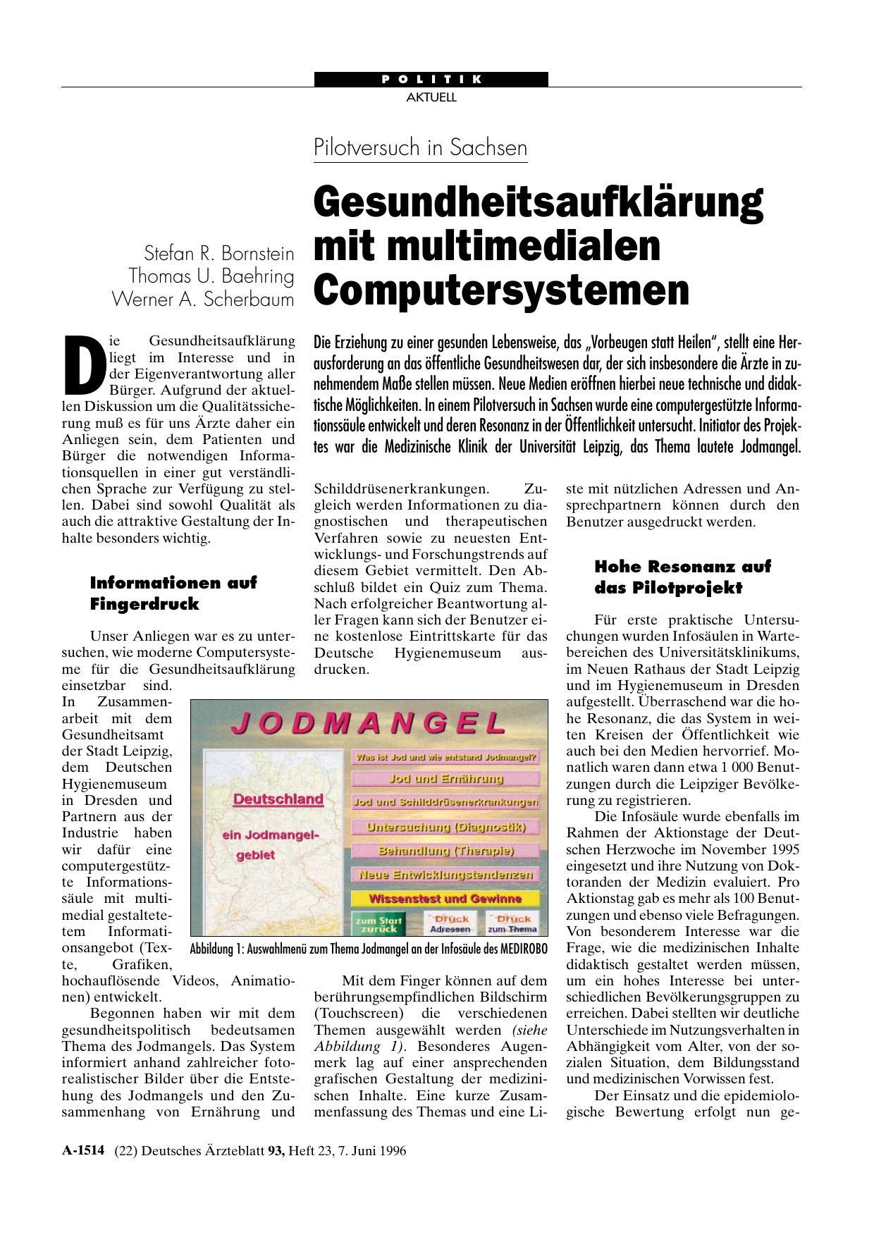 Vorschauseite 1: Pilotversuch in Sachsen: Gesundheitsaufklärung mit multimedialen Computersystemen