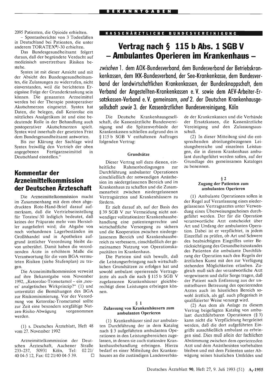 Vorschauseite 1: Vertrag nach § 115 b Abs. 1 SGB V – Ambulantes Operieren im Krankenhaus –