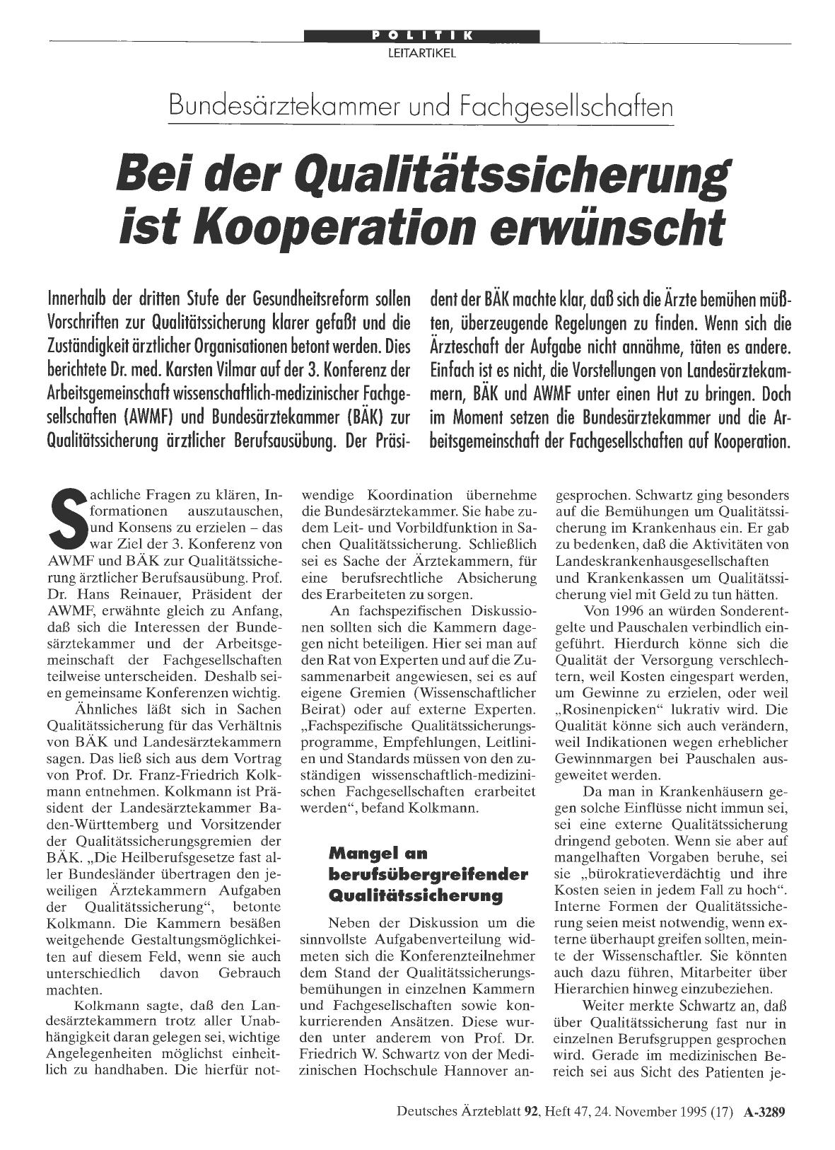 Vorschauseite 1: Bundesärztekammer und Fachgesellschaften: Bei der Qualitätssicherung ist Kooperation erwünscht