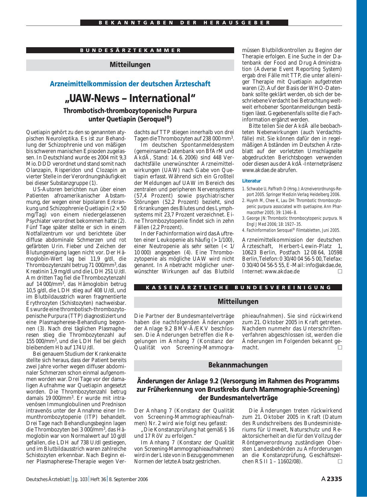 Vorschauseite 1: „UAW-News – International“: Thrombotisch-thrombozytopenische Purpura unter Quetiapin (Seroquel®)