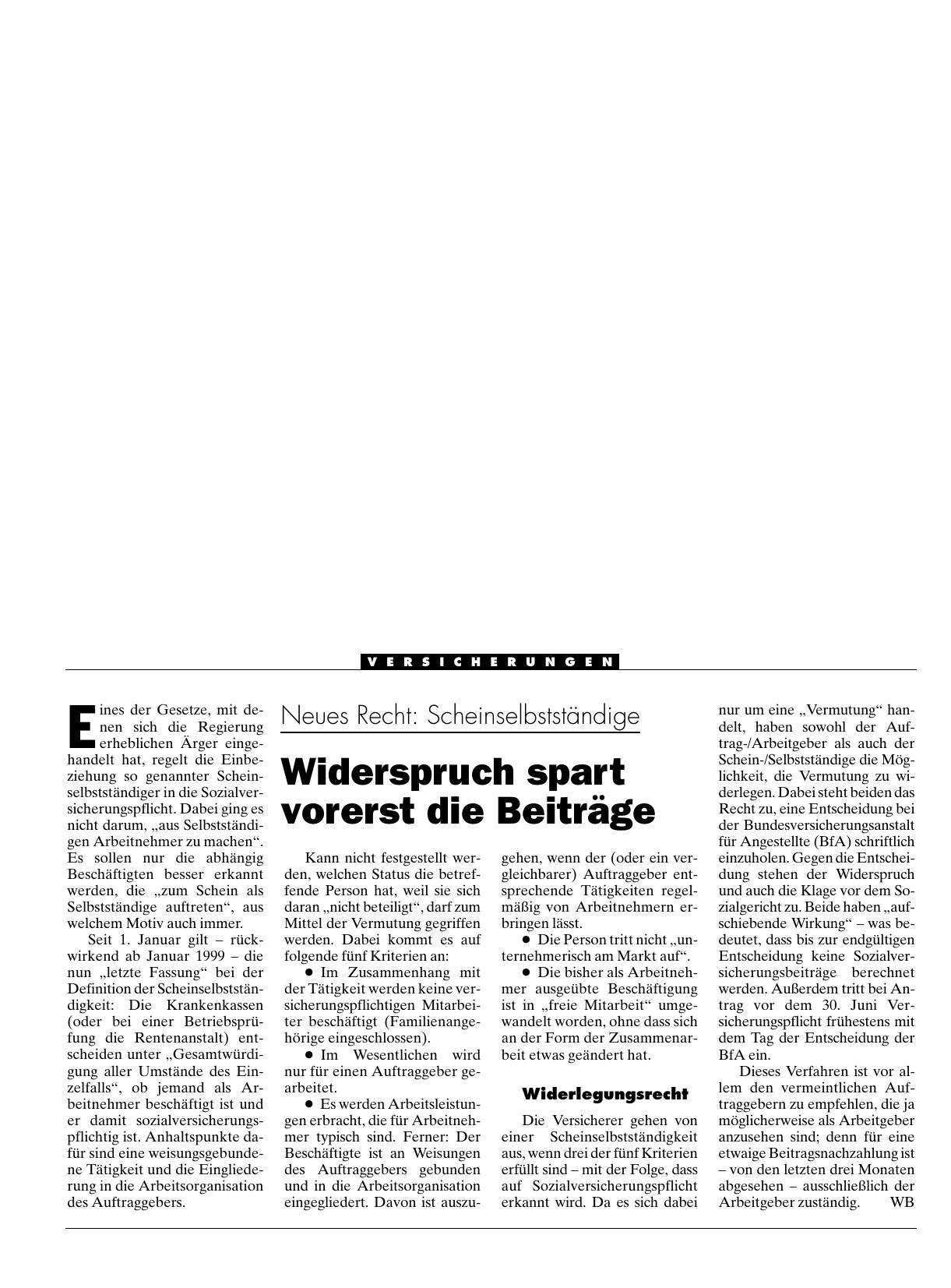 Vorschauseite 1: Neues Recht: Scheinselbstständige - Widerspruch spart vorerst die Beiträge