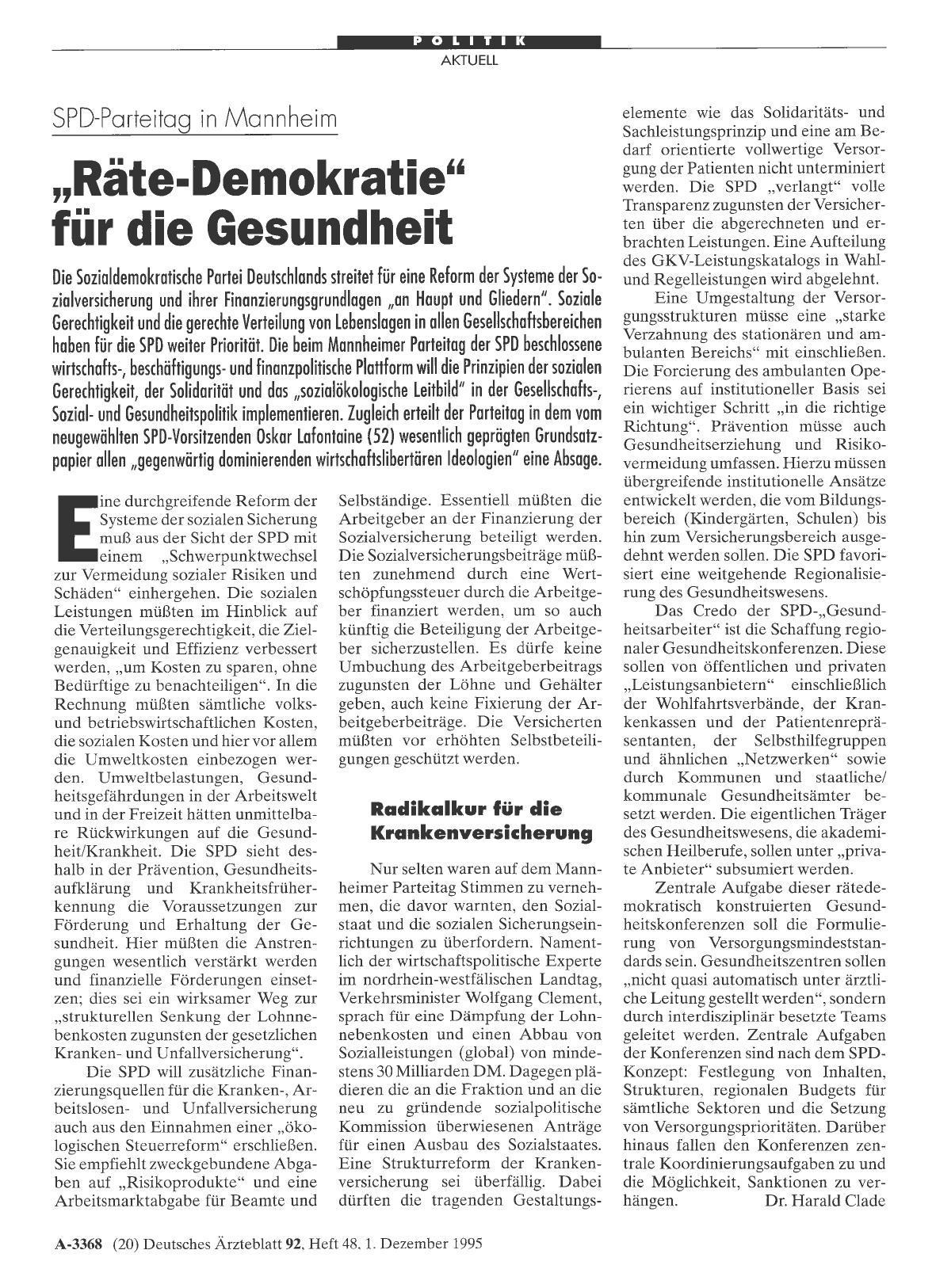 Vorschauseite 1: SPD-Parteitag in Mannheim: „Räte-Demokratie“ für die Gesundheit