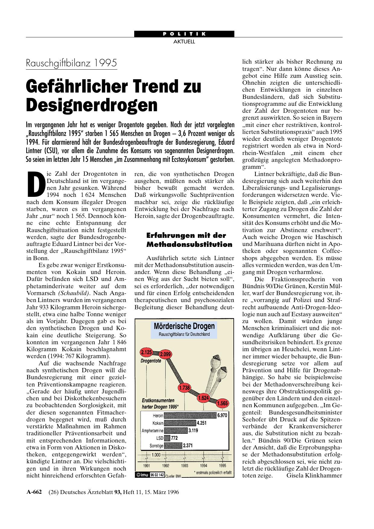 Vorschauseite 1: Rauschgiftbilanz 1995: Gefährlicher Trend zu Designerdrogen