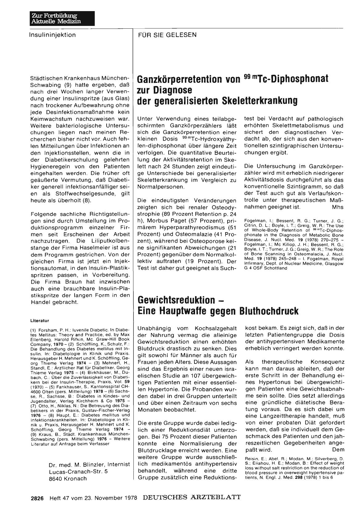 Vorschauseite 1: Ganzkörperretention von 99 mTc-Diphosphonat zur Diagnose der generalisierten Skeletterkrankung