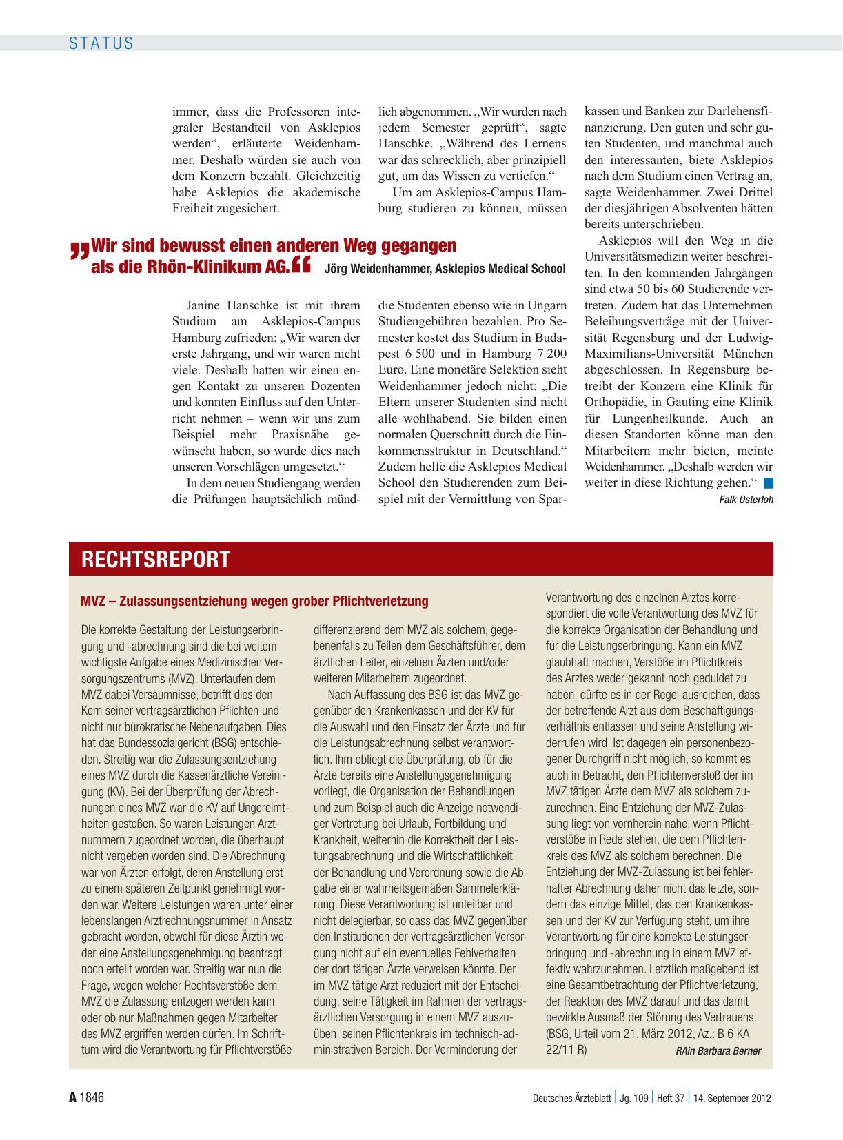 Vorschauseite 1: MVZ – Zulassungsentziehung wegen grober Pflichtverletzung