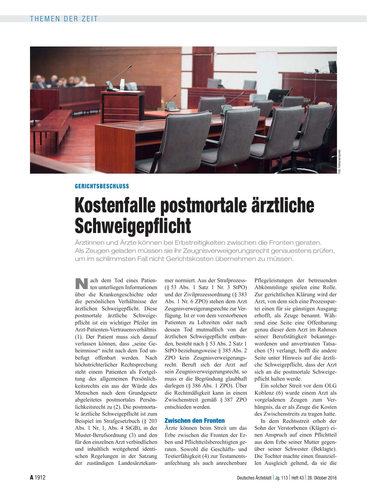 Vorschauseite 1: Gerichtsbeschluss: Kostenfalle postmortale ärztliche Schweigepflicht