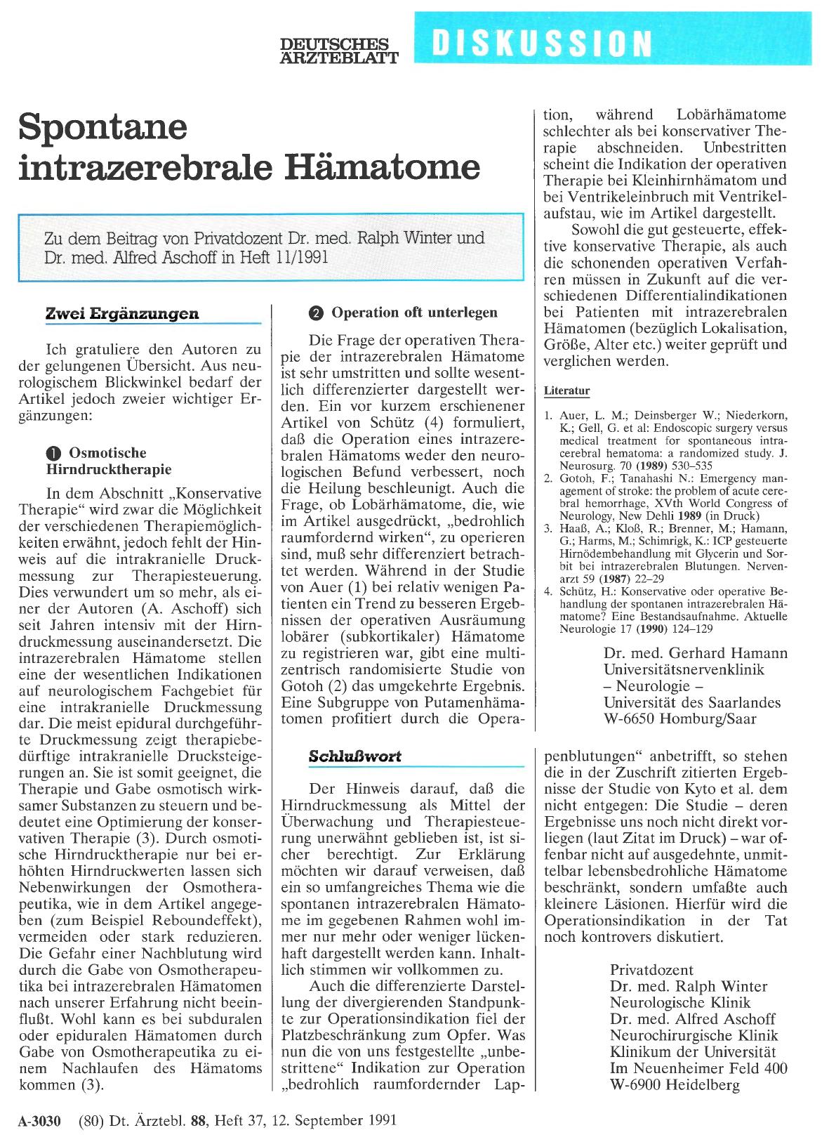 Vorschauseite 1: Spontane intrazerebrale Hämatome: Zwei Ergänzungen