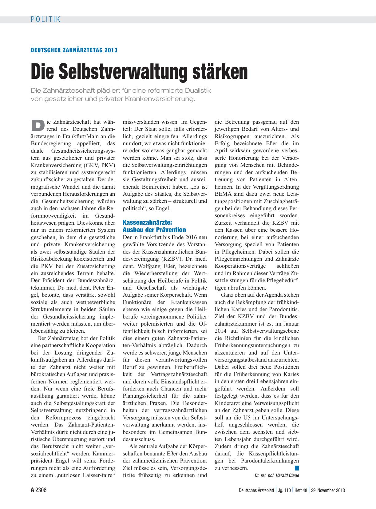 Vorschauseite 1: Deutscher Zahnärztetag 2013: Die Selbstverwaltung stärken
