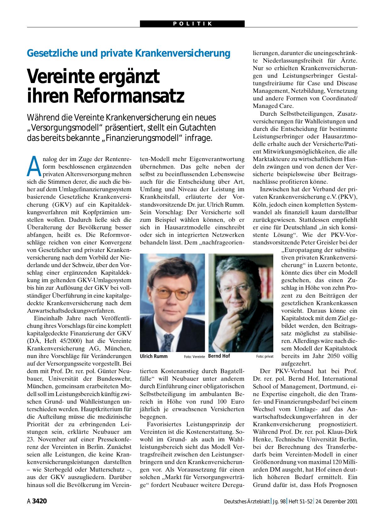 Vorschauseite 1: Gesetzliche und private Krankenversicherung: Vereinte ergänzt ihren Reformansatz