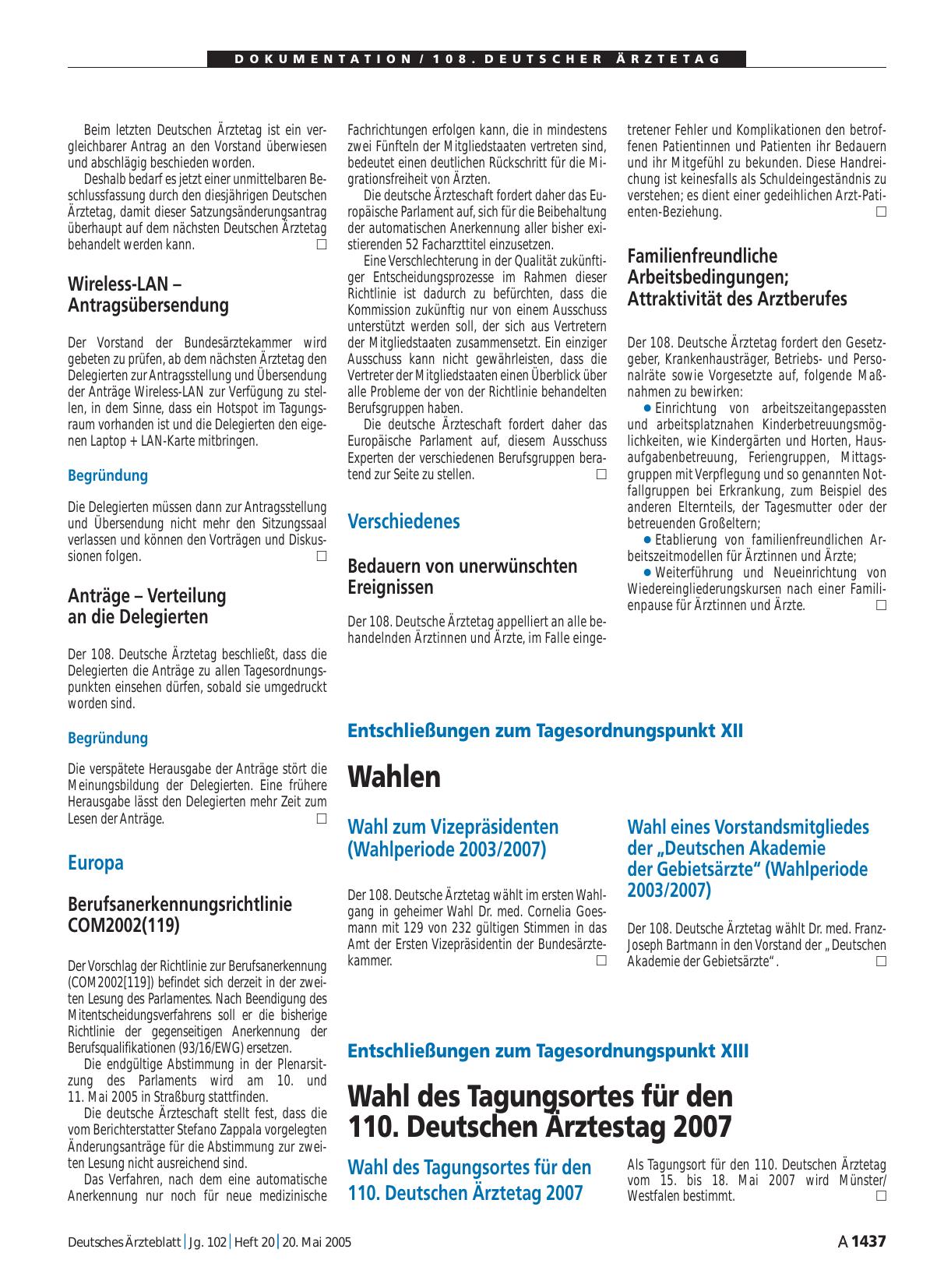 Vorschauseite 1: Entschließungen zum Tagesordnungspunkt XIII: Wahl des Tagungsortes für den 110. Deutschen Ärztestag 2007